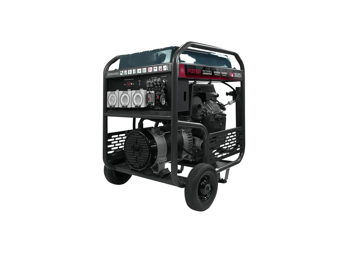 Welling & Crossley WC-P13750RCD 11000W RCD AVR Open Frame Petrol Generator with 45L Fuel Tank, showing with rcd protection.
