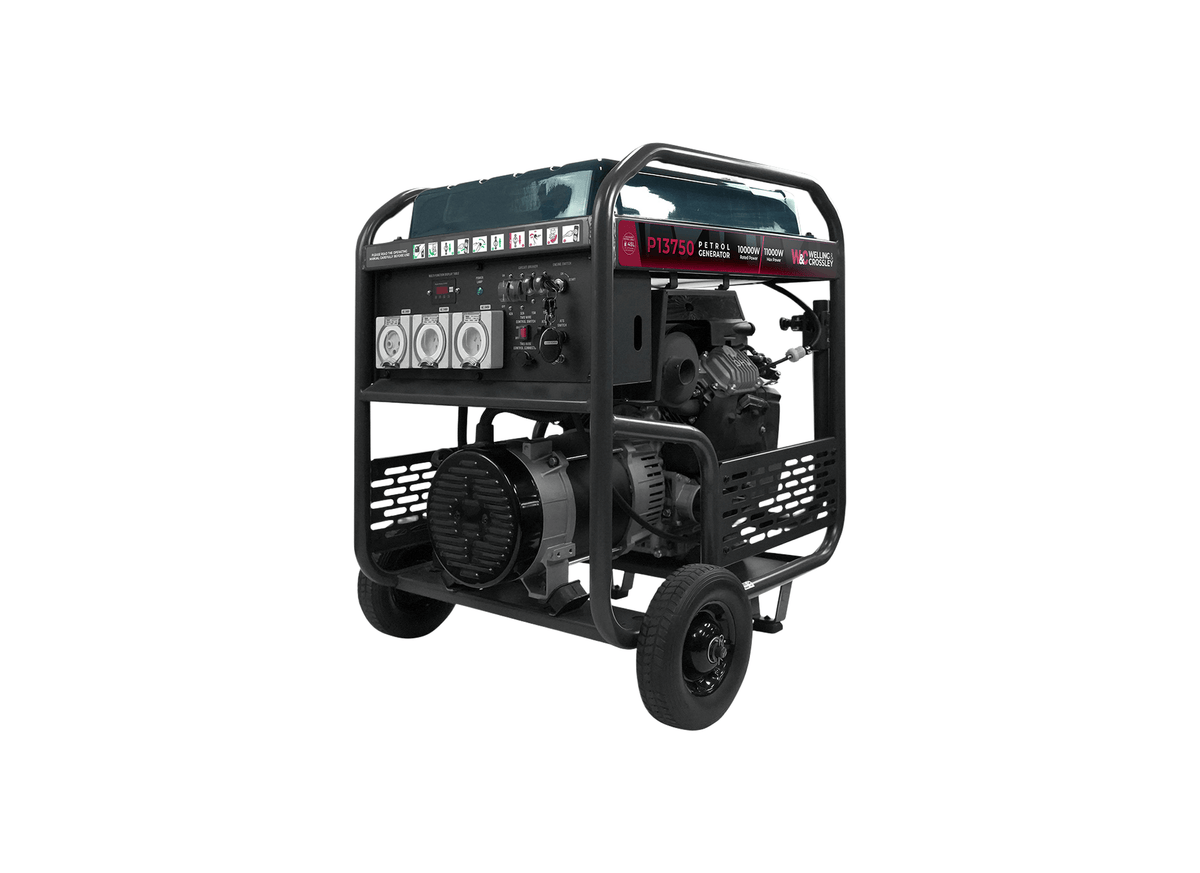Welling & Crossley WC-P13750 11000W AVR Electric Start Open Frame Petrol Generator with 45L Fuel Tank, showing the generator in a detailed view.