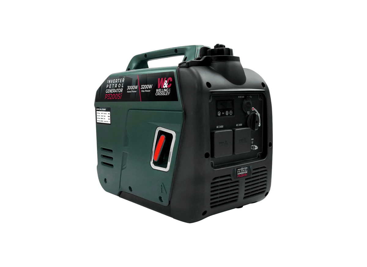 Welling & Crossley WC-P3200Si Lightweight 3200W Silent Inverter Petrol Generator with 6L Fuel Tank, showing the generator in a detailed view.