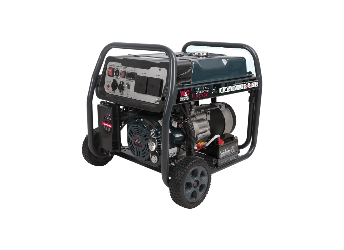 Welling & Crossley WC-P3750 3200W AVR Electric Start Open Frame Petrol Generator with 15L Fuel Tank, showing the generator in a detailed view.