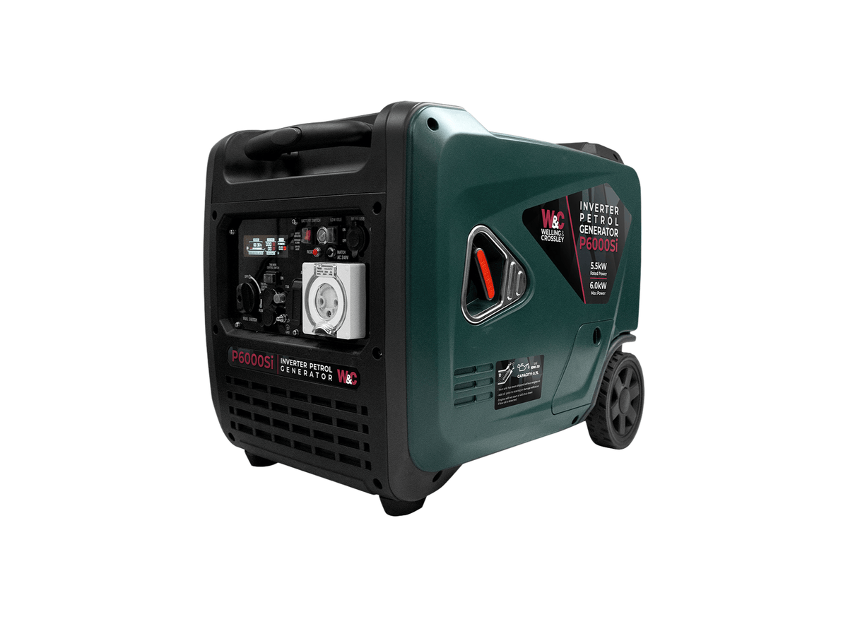 Welling & Crossley WC-P6000Si Enclosed 6000W Silent Inverter Petrol Generator with 13.5L Fuel Tank, showing the generator in a detailed view.