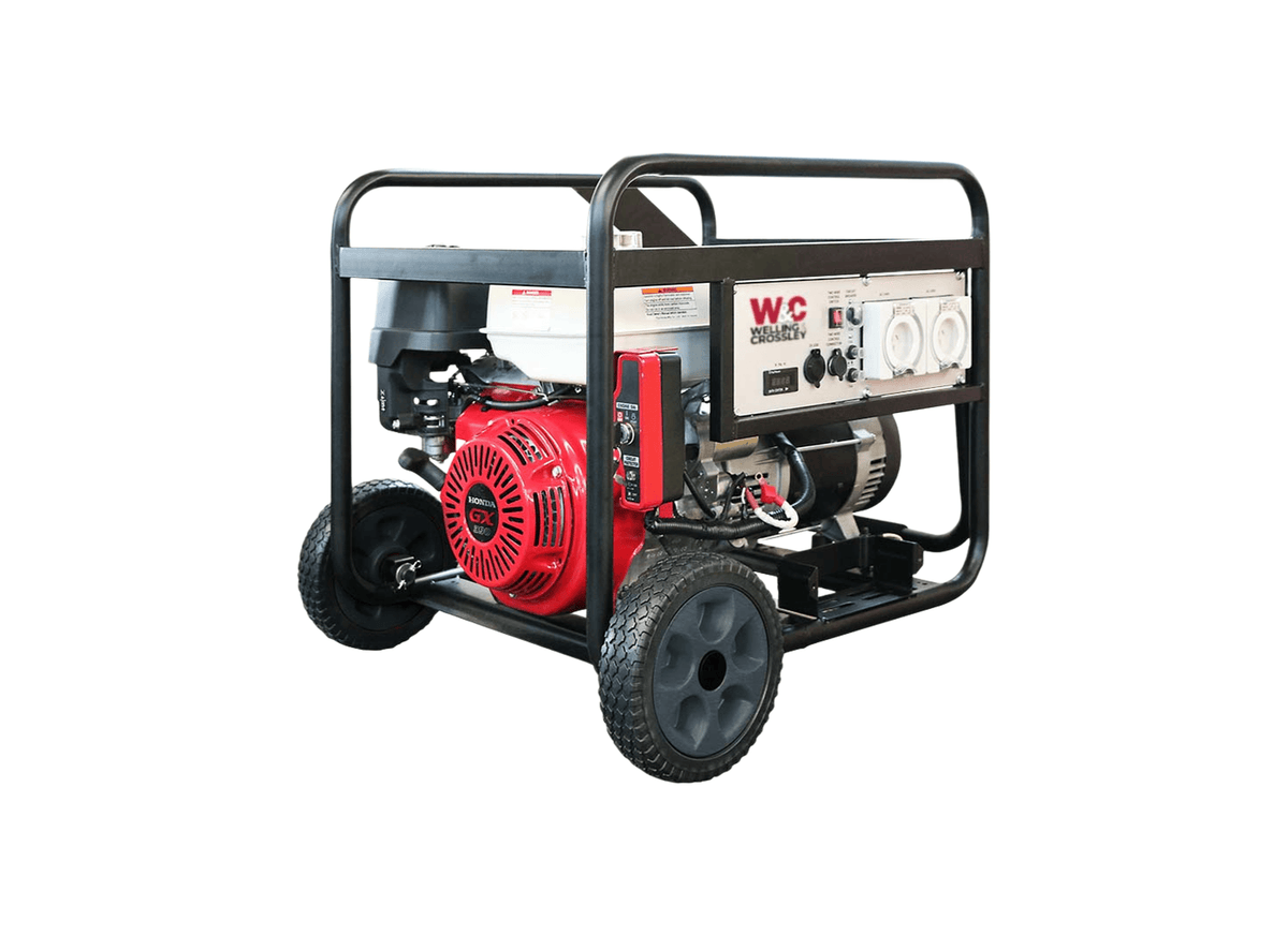 Welling & Crossley WC-P7750H 6000W Honda GX390 Engine Open Frame Petrol Generator with 6L Fuel Tank, showing with honda engine.