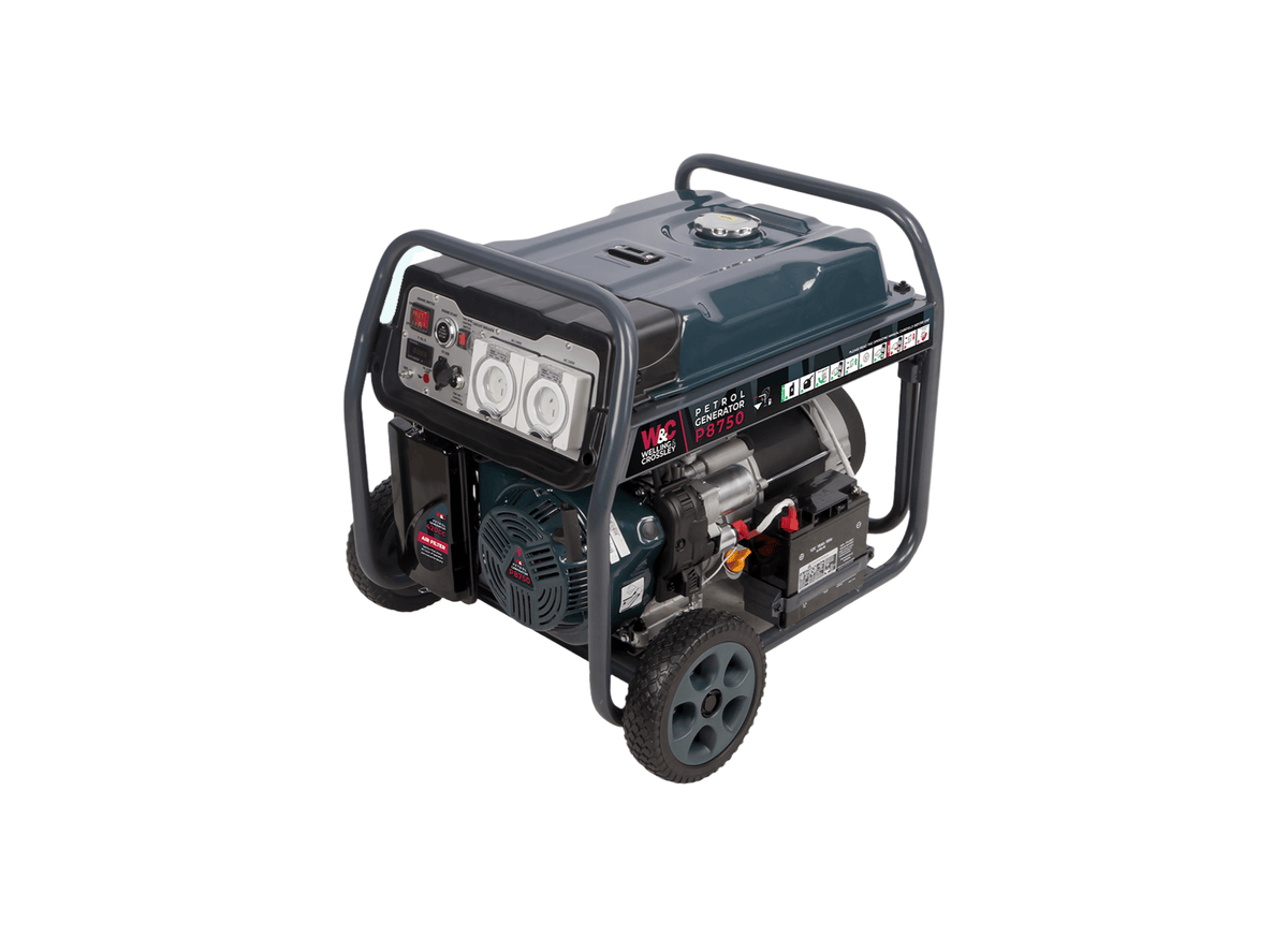 Welling & Crossley WC-P8750 7000W AVR Electric Start Open Frame Petrol Generator with 25L Fuel Tank, showing the generator in a detailed view.
