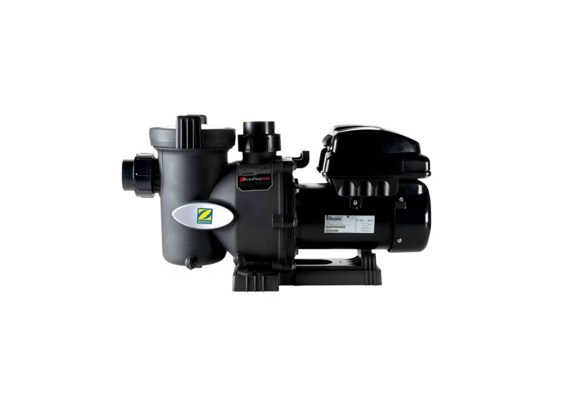 Zodiac FloPro VS pool pump with energy-efficient variable speed operation, featuring a compact design and durable construction.