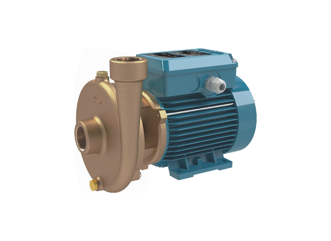 Calpeda BCM 16/1 bronze centrifugal pump with open impeller, designed for continuous duty emulsion service, showing the pump's open impeller and body.
