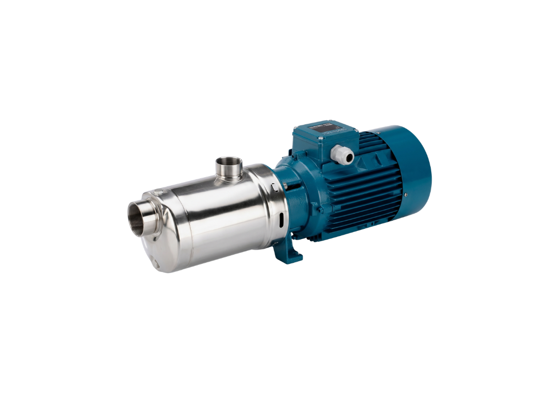 Calpeda MXH 1605 stainless steel booster centrifugal pump with closed impeller for commercial water supply, shown in a technical setting.