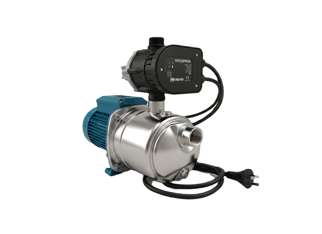 Calpeda PECO-NGXM 2/80 stainless steel pressure pump for shallow well water supply with Noryl impeller, showing pump components.
