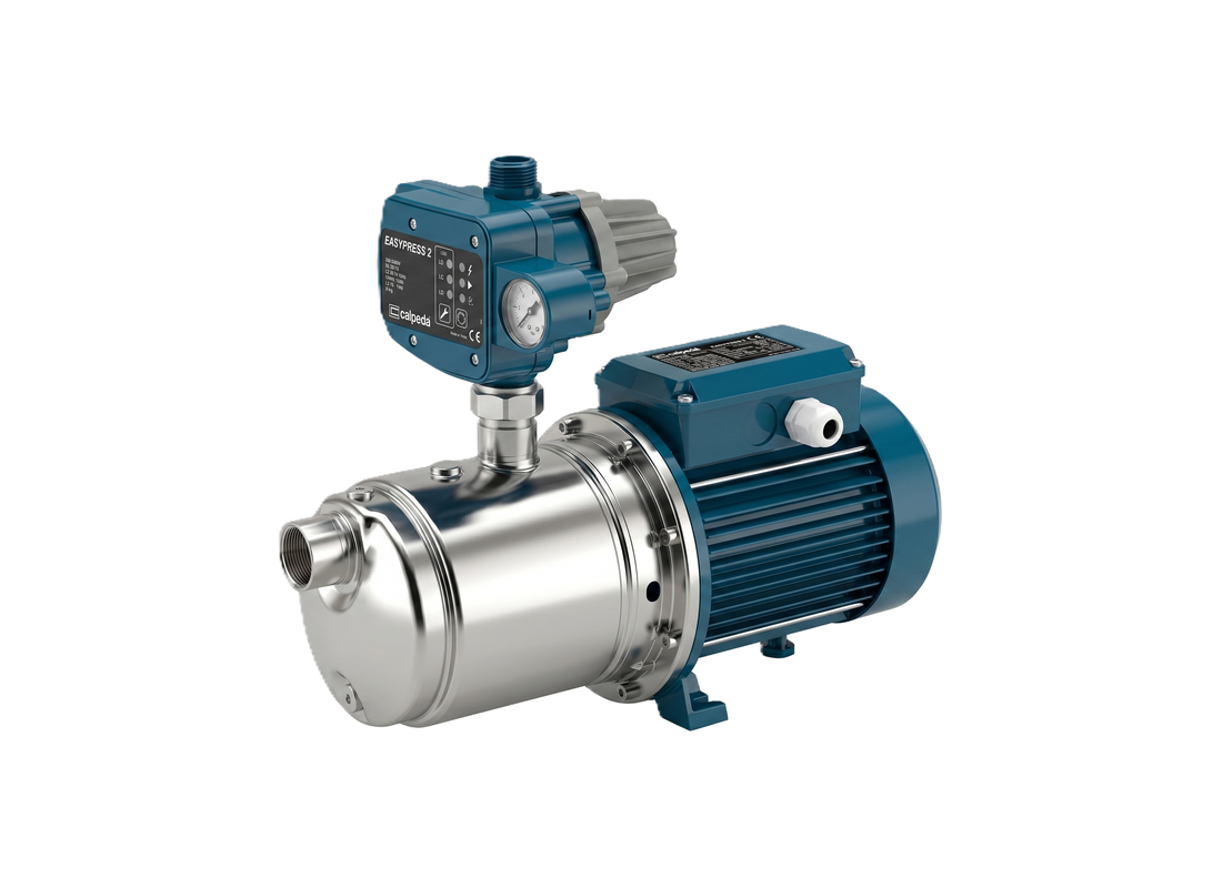 Calpeda PI22-NGXM stainless steel pressure pump with brass impeller for central water systems, showing the pump's exterior and components.