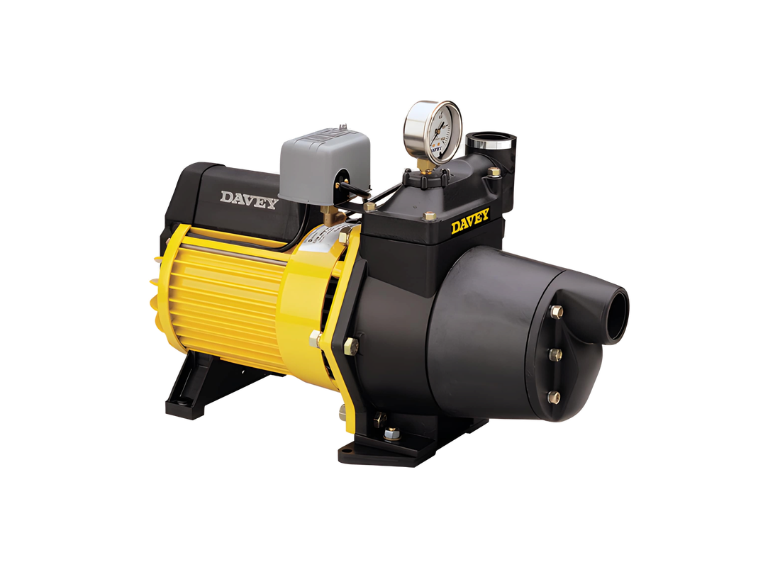 Davey 125S1 aluminium jet pump with pressure switch and open vane impeller for shallow well water supply, outdoor installation