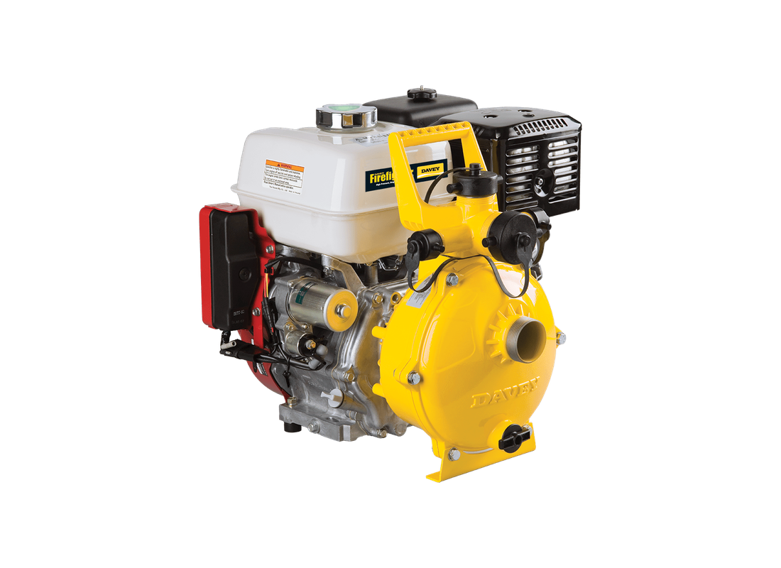 Davey 5113HE aluminium firefighting pump with Honda petrol engine and 3-way outlet, used for tank filling and fire protection.