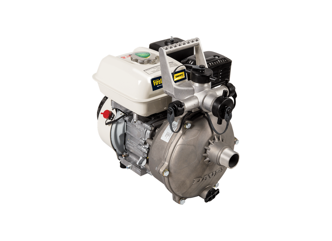 Davey 5150HD aluminium firefighting pump with Honda GP160 engine and 3-way outlet for water transfer and emergency use.