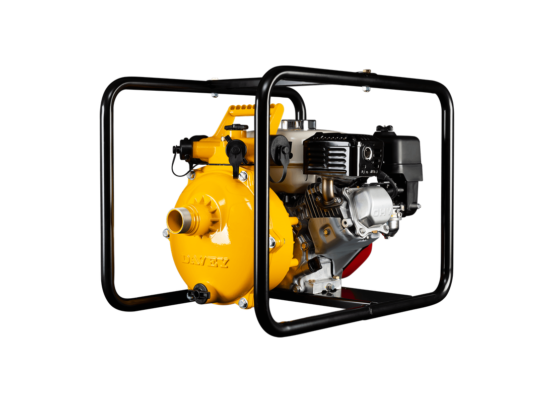 Davey 5155H aluminium firefighting pump with 4-way outlet and Honda GX160 petrol engine, used for tank filling and fire suppression.