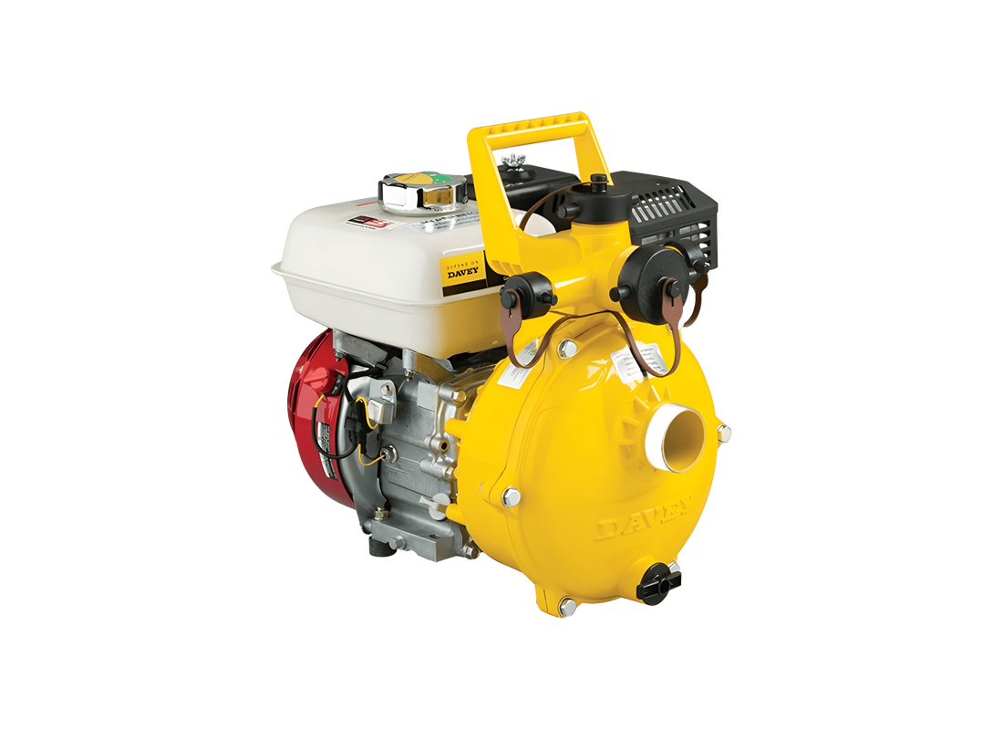 Davey 5155HV aluminium firefighting pump with four-way outlet and Honda GX160 petrol engine for fire protection.