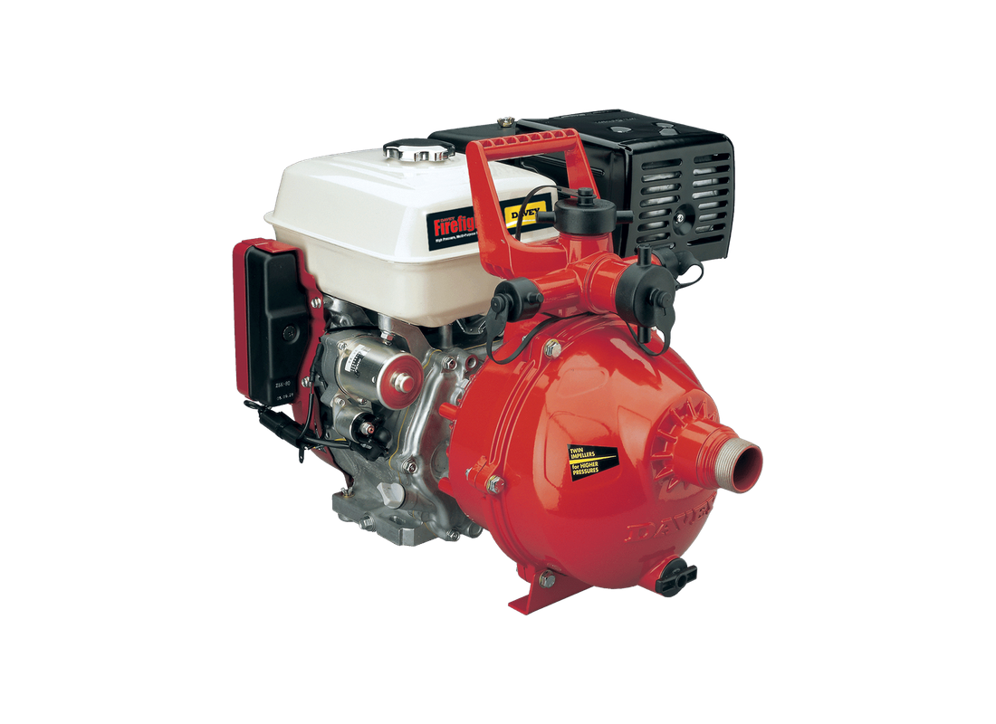 Davey 5265HE aluminium twin-stage firefighting pump with electric start and Honda petrol engine for water transfer.