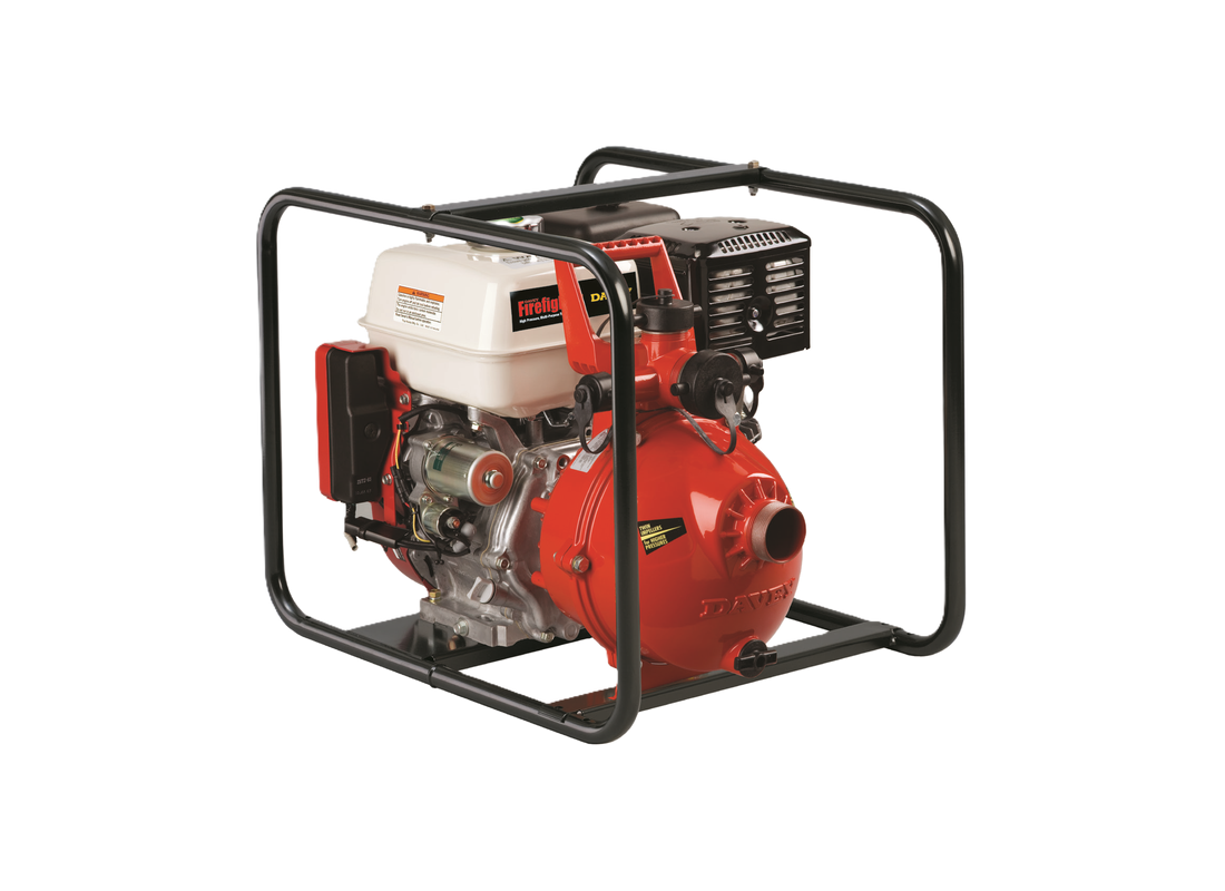 Davey 5290HE aluminium firefighting pump with Honda petrol engine, twin-stage design for tank filling, electric start, durable construction.