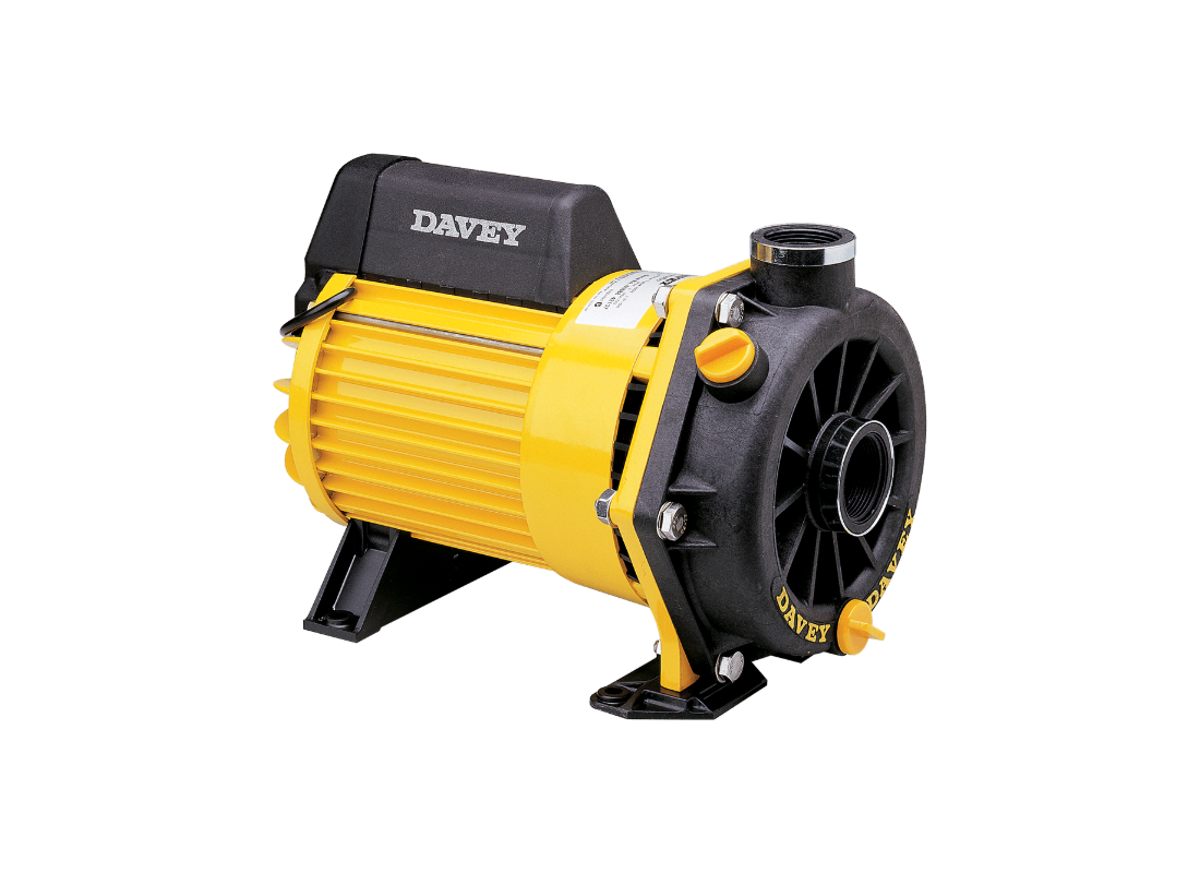 Davey Dynaflo transfer pump with single impeller, lightweight technopolymer construction, used for irrigation supply.