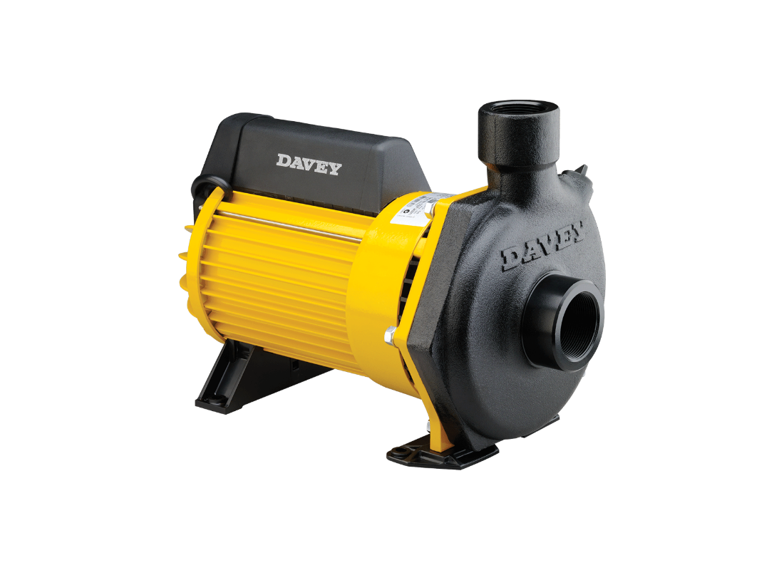 Davey Dynaflo cast iron transfer pump with single impeller, ideal for irrigation feed and water transfer applications.