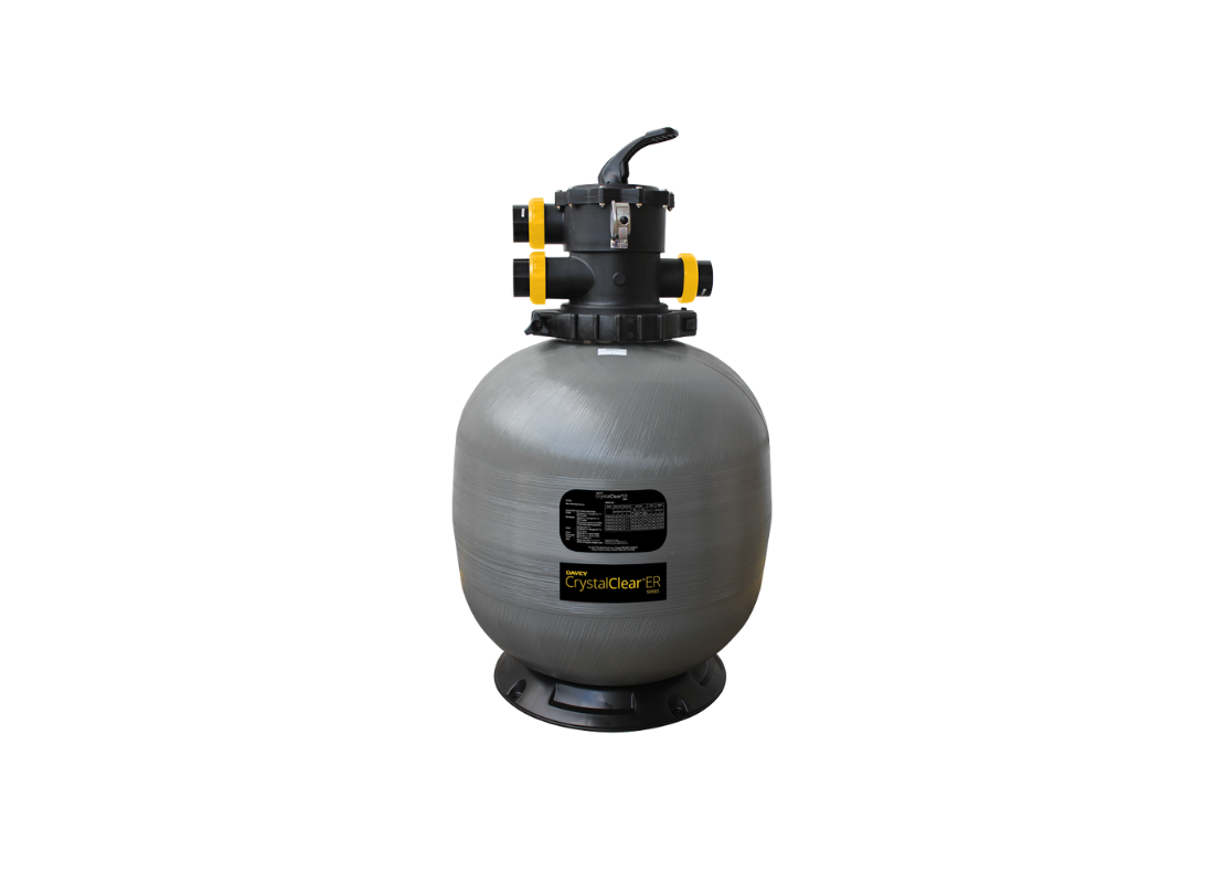 Davey CrystalClear ER 28 fiberglass media pool filter with fish tail laterals for high flow pool systems.