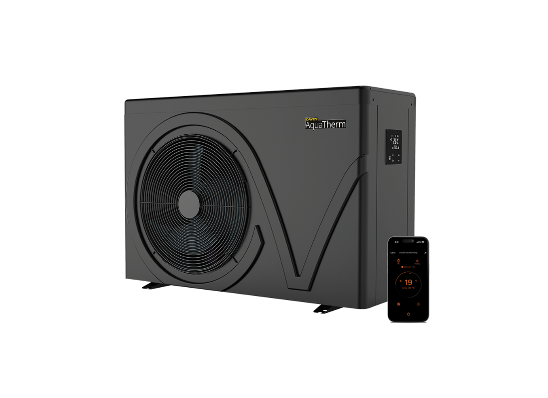 Davey DAT090 9kW ABS casing inverter heat pump for compact pool heating with front discharge vent, outdoor pool heating system.