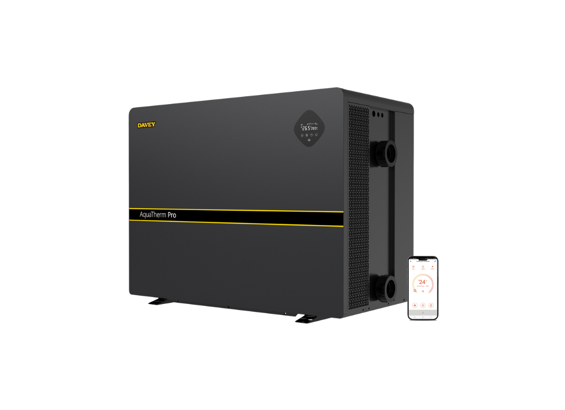 Davey DAT170 17kW aluminium alloy inverter heat pump for swim spa heating with titanium heat exchange, installed outdoors.