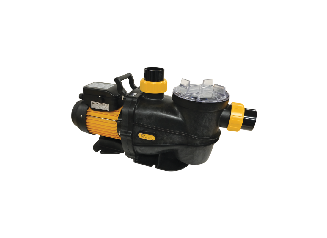 Davey DEFE385 Technopolymer variable-speed pool pump with large strainer basket for large pools, showcasing the pump's design and large basket.