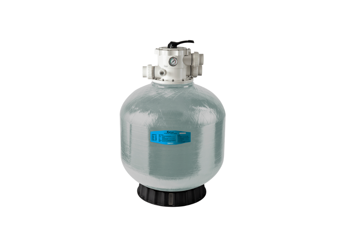 Davey DEP4050 commercial pool sand filter with fiberglass tank, designed for large pool systems, showing the filter unit and its components.