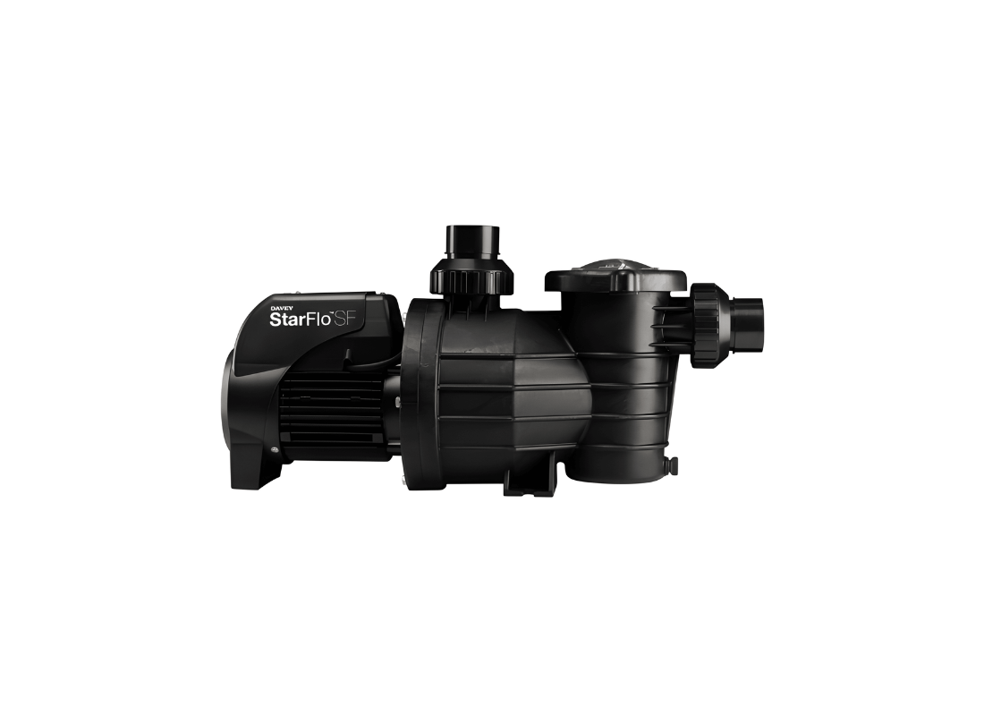 Davey DSF750 UV-resistant single-speed pool pump with barrel unions for plunge pool circulation, shown in operation.