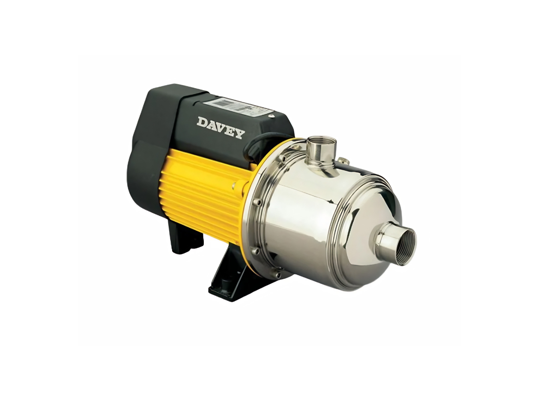 Davey HM160-19/3 stainless steel multistage centrifugal pump for bulk irrigation, showing closed impeller and industrial water distribution.