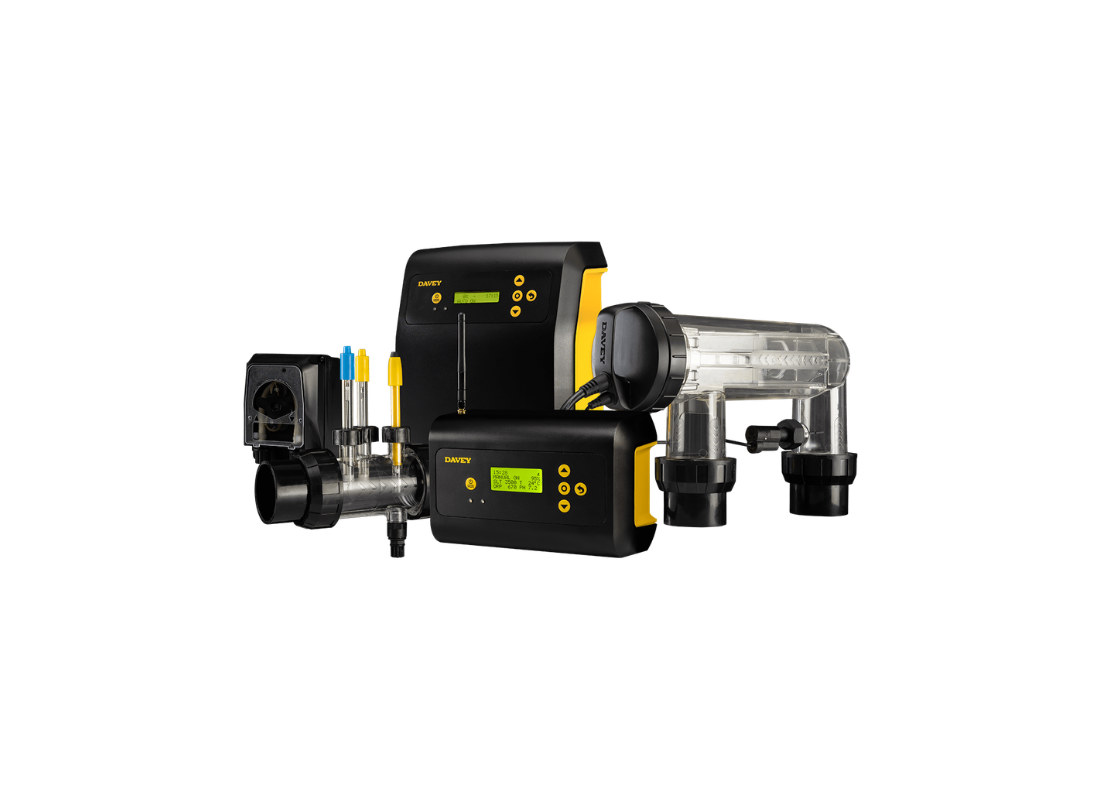 Davey Lifeguard DCLG-35C WiFi pool chlorinator for large pools with variable pump control, shown installed in a pool system