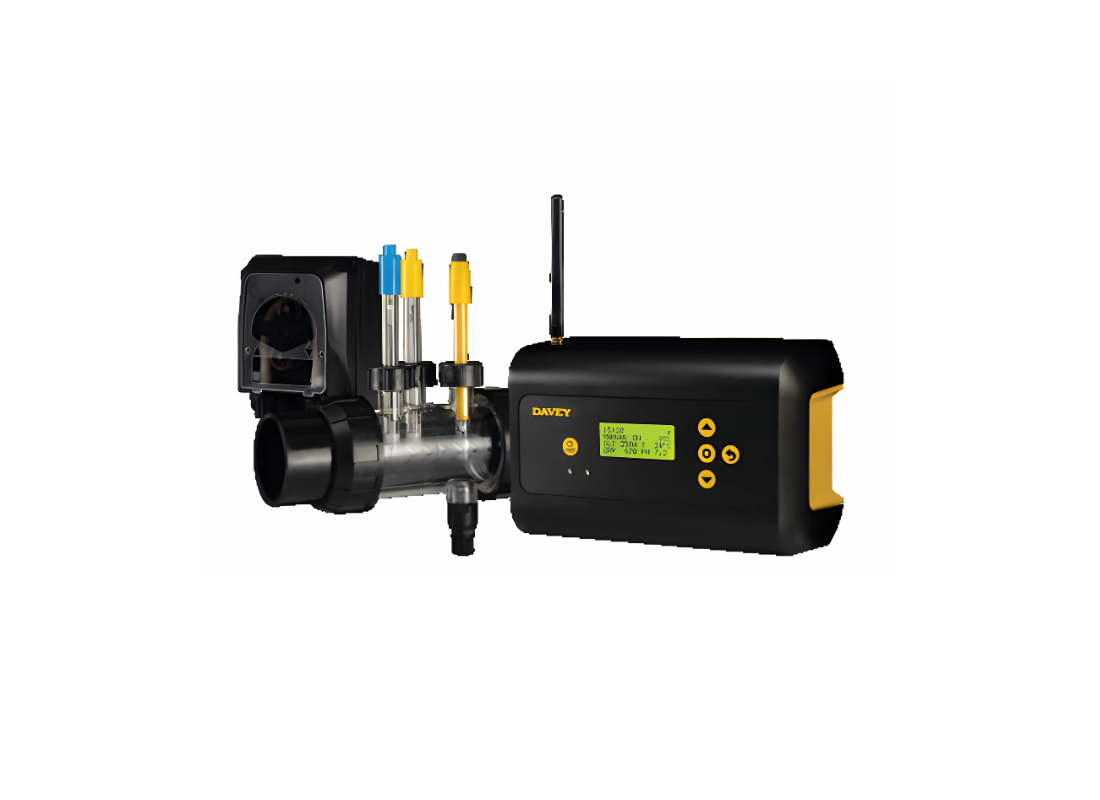 Davey Lifeguard DCLGAU pool chemistry controller for automated pool balancing with app control, featuring digital display and control interface.