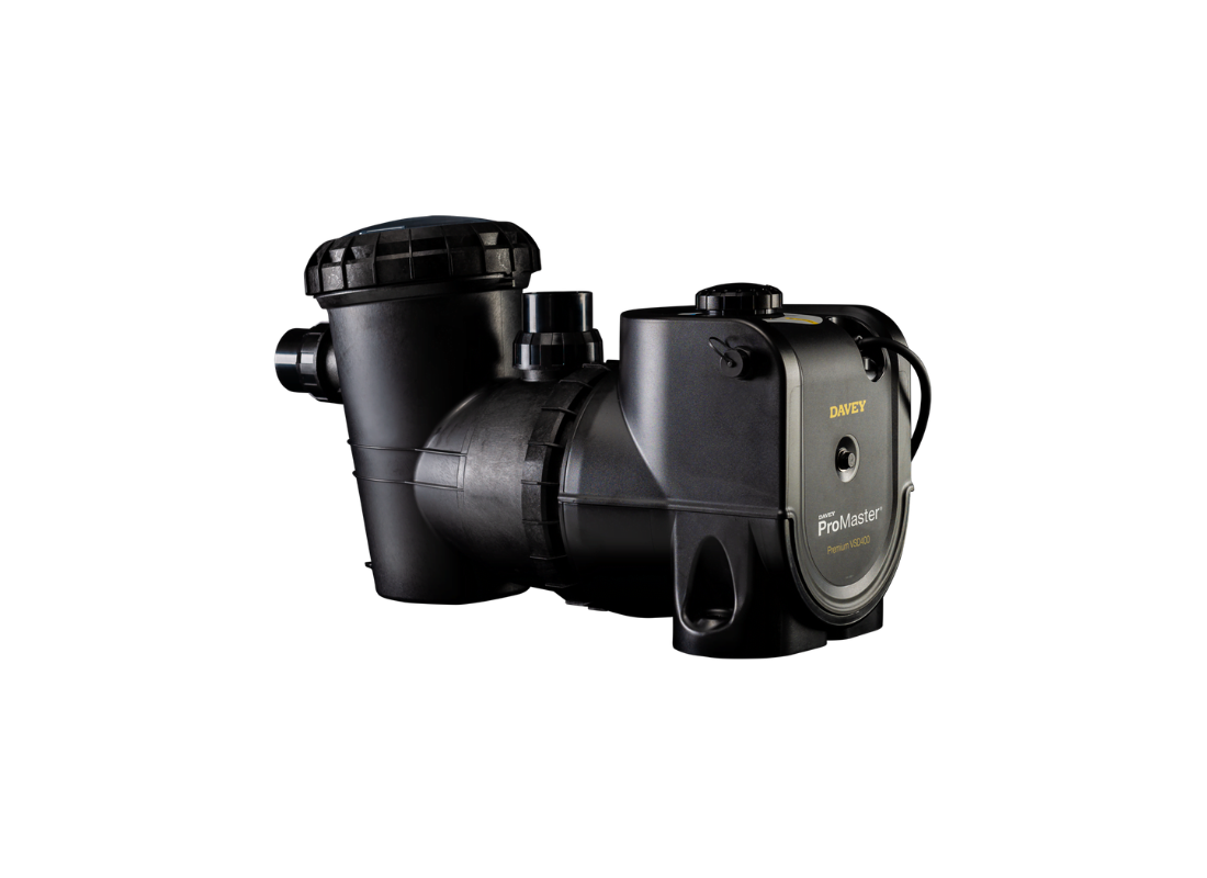 Davey PM400BT variable speed swimming pool pump with Bluetooth control, showing the pump unit with digital interface and control panel.