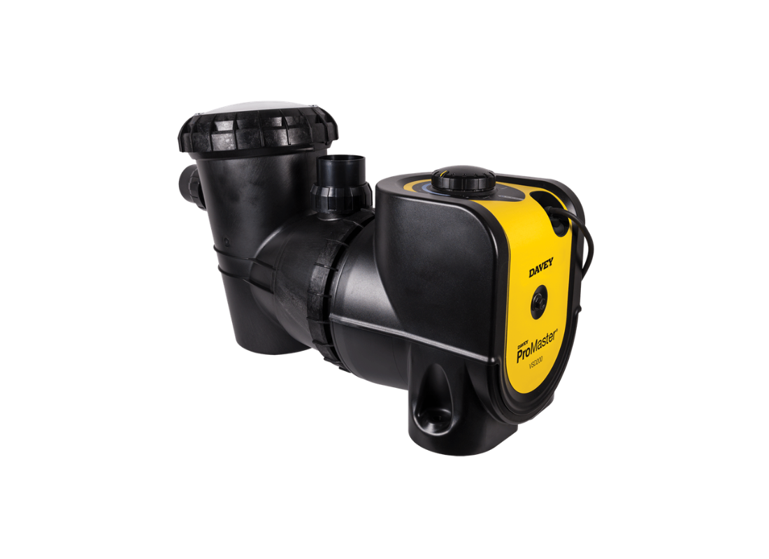 Davey ProMaster PM200BT variable speed swimming pool pump with Bluetooth control, showing the pump unit with control panel and hoses.