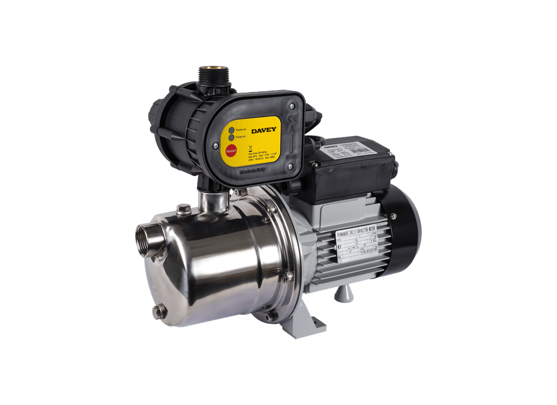 Davey SJ35-04PC stainless steel jet-assisted pressure pump with pressure controller and single impeller for garden dripper systems.
