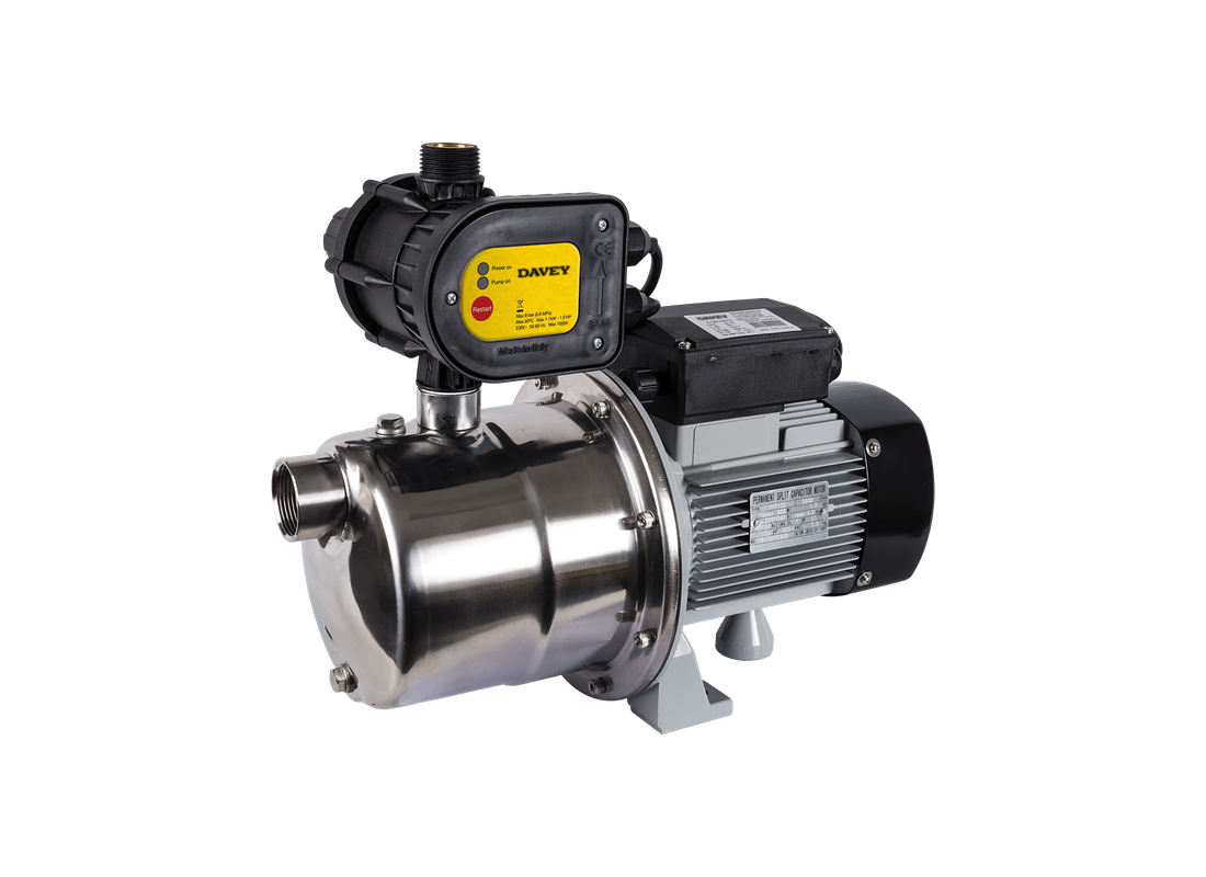 Davey SJ60-08PC stainless steel jet-assisted pressure pump with pressure controller and single impeller for sprinkler systems.