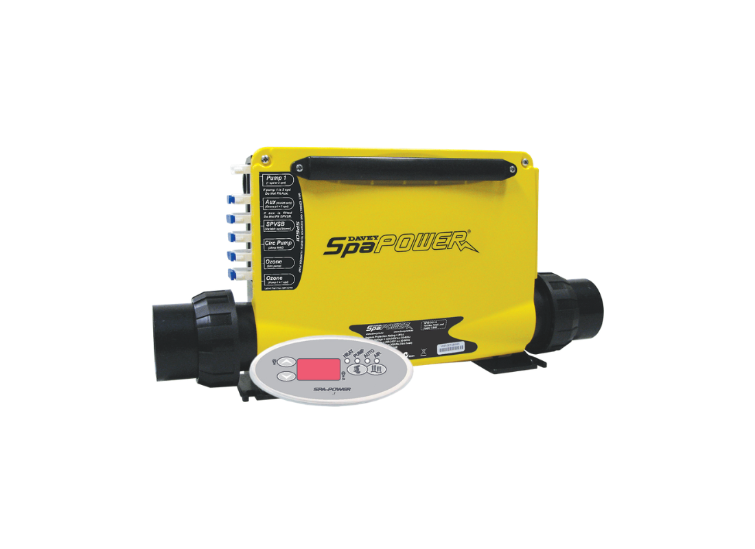 Davey SpaPower SP601 spa pool controller for medium-sized spa pools without integrated timeclock, with control buttons and display.