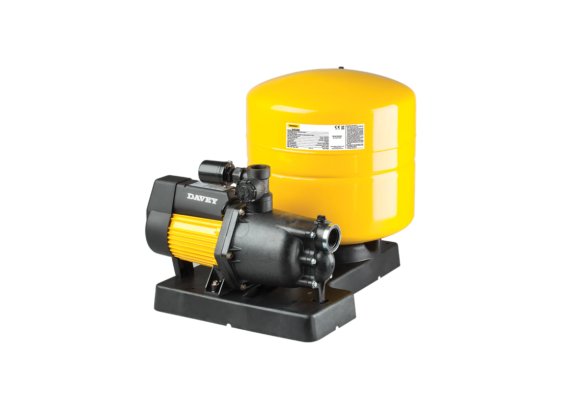 Davey X70 Technopolymer jet-assisted pressure pump with base-mounted tank and single impeller for multi-outlet home water systems.