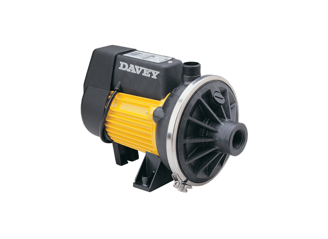 Davey XF171 technopolymer transfer pump with closed vane impeller for pressure boosting, shown in a technical setup.