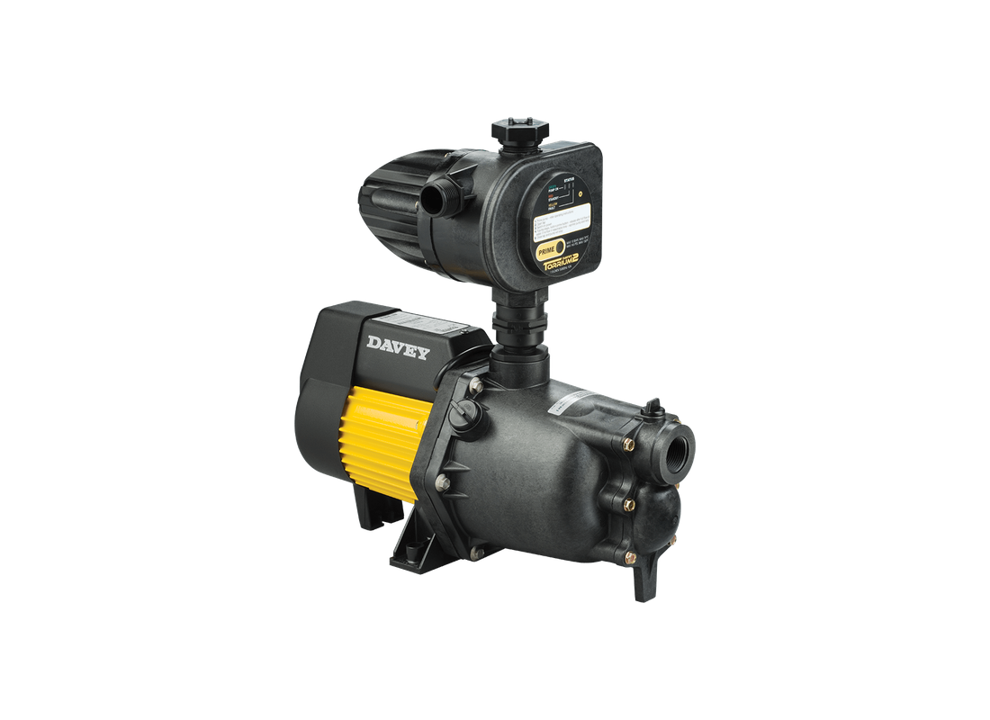 Davey XJ70T jet-assisted pressure pump for lawn watering with Torrium2 controller and single impeller, showcasing the pump's components