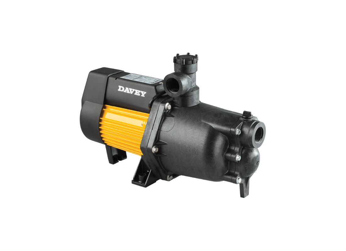 Davey XJ90 jet pump with technopolymer body and closed vane impeller for shallow well farm water supply.