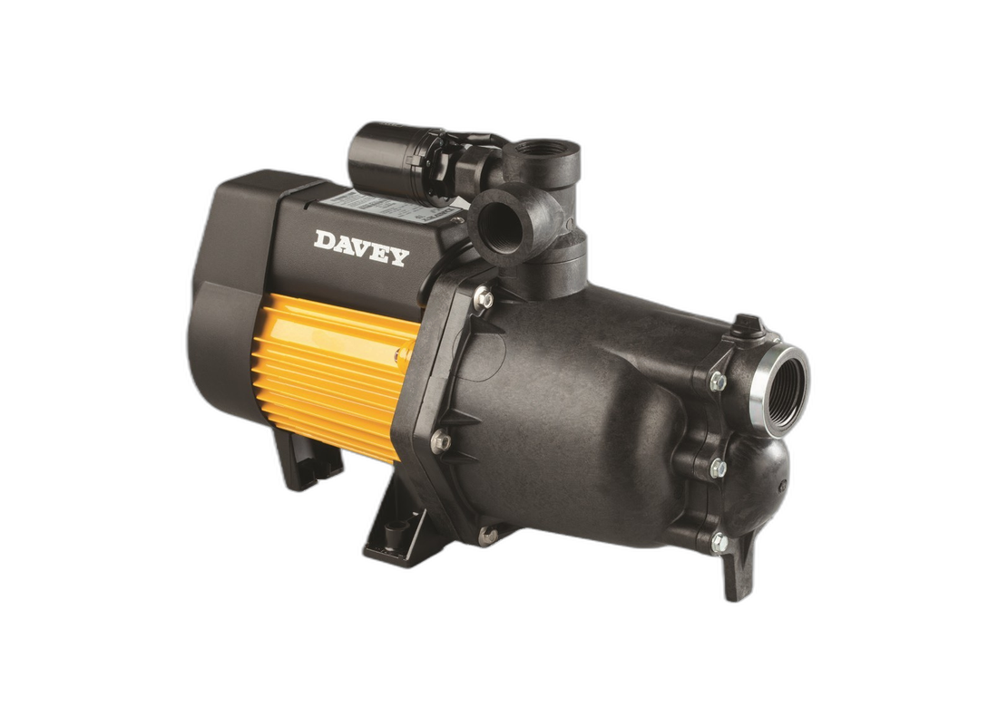 Davey XJ90P jet-assisted pressure pump with pressure switch for large home supply, featuring single impeller and durable technopolymer construction.