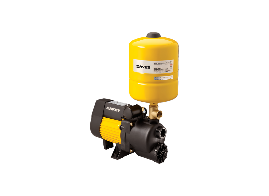 Davey XP25P8 jet-assisted pressure pump for caravan water supply with pressure tank and single impeller, compact and durable.