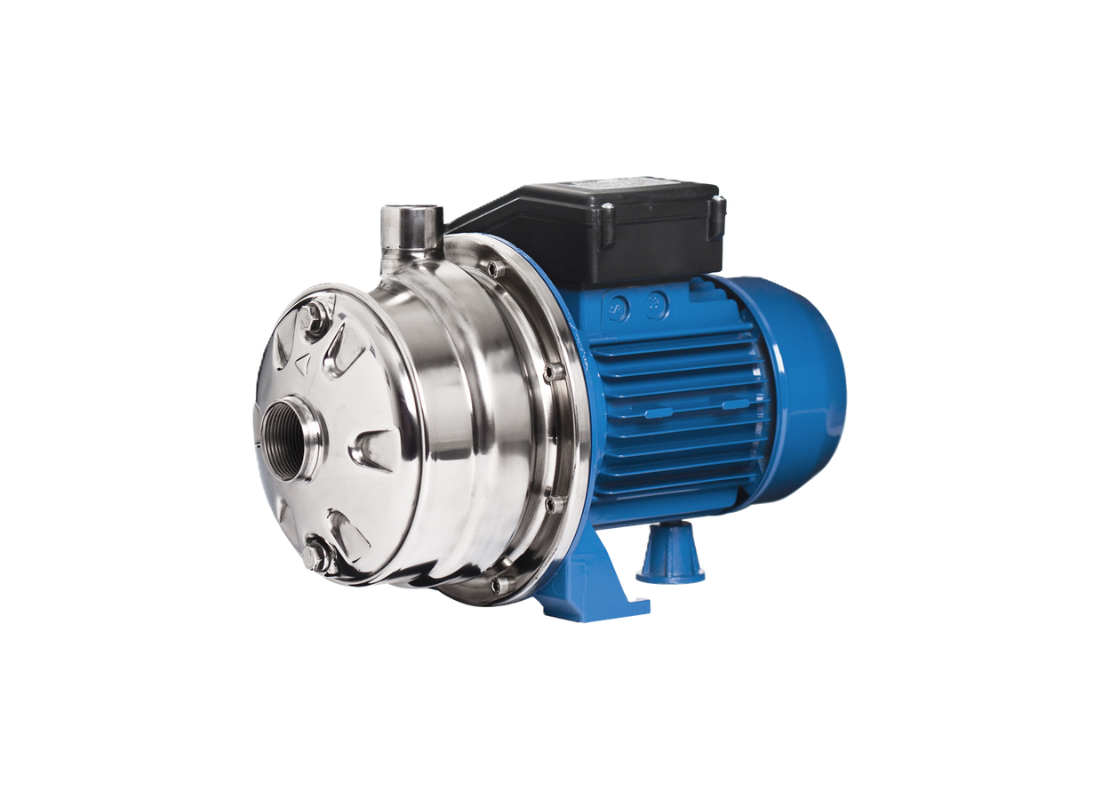 Ebara 2CDXM 70/10 stainless steel high-pressure centrifugal pump with twin impeller for spray systems, showing pump body and impellers.