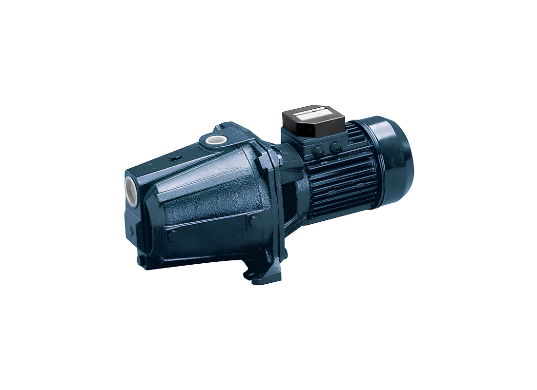Ebara AGA 1.00 M cast iron shallow well jet pump for domestic pressurization with closed impeller, showing the pump and inlet connections.