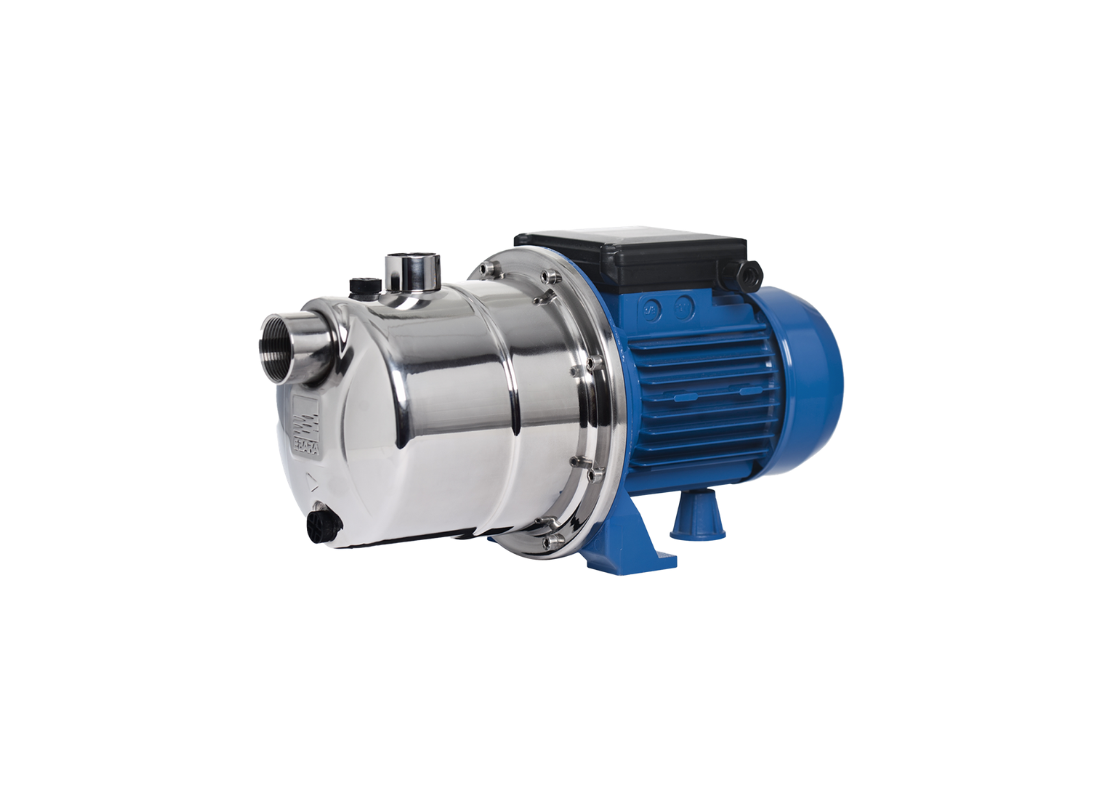 Ebara JEXM 120 stainless steel self-priming jet pump for water transfer with closed impeller, showcasing the pump's design and components.
