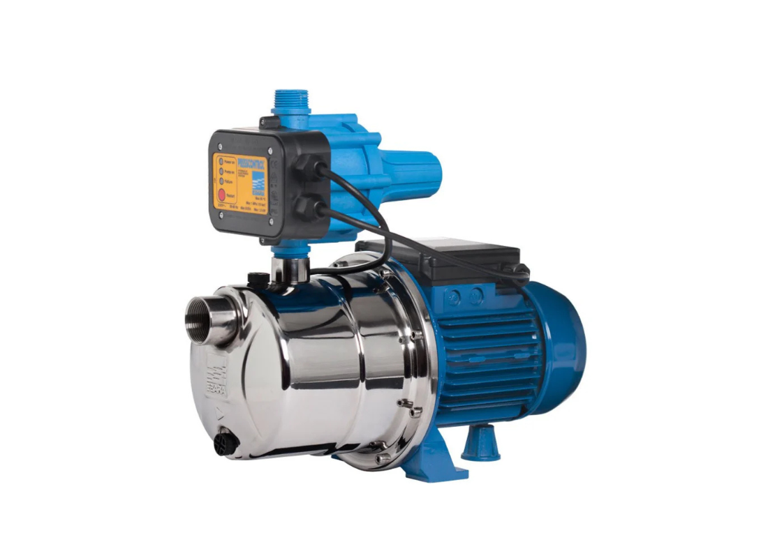 Ebara JEXM 80-PC22 stainless steel pressure jet pump for domestic water supply with closed impeller, shown in a detailed view.