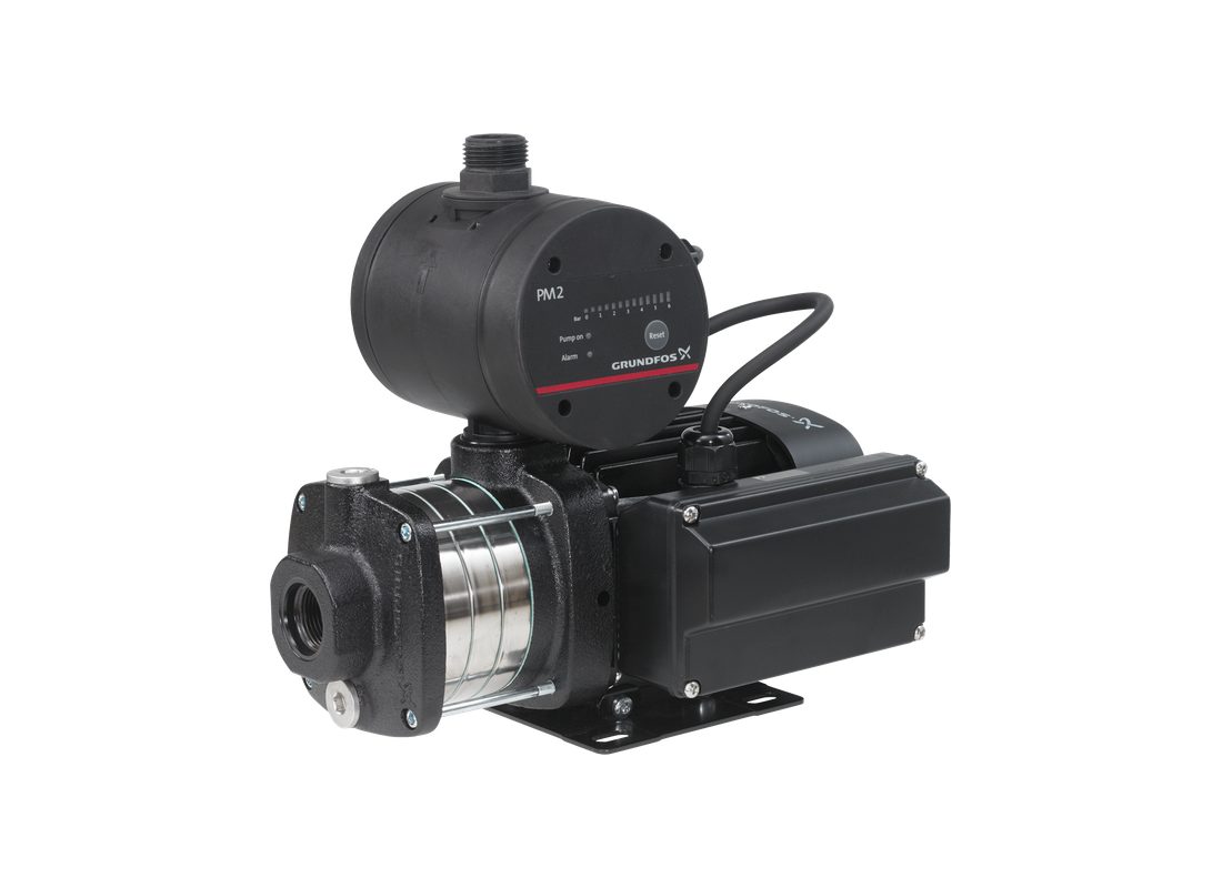 Grundfos CMB 3-37 cast iron pressure boosting pump for domestic use with PM1 controller, showing the pump and control unit.