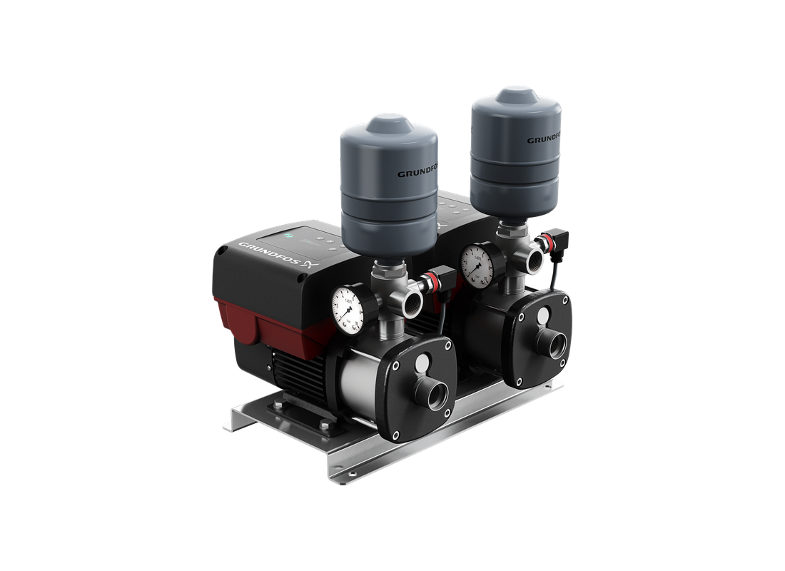 Grundfos CMBE TWIN 5-62 stainless steel twin pressure boosting pump with multistage impeller for commercial water applications.