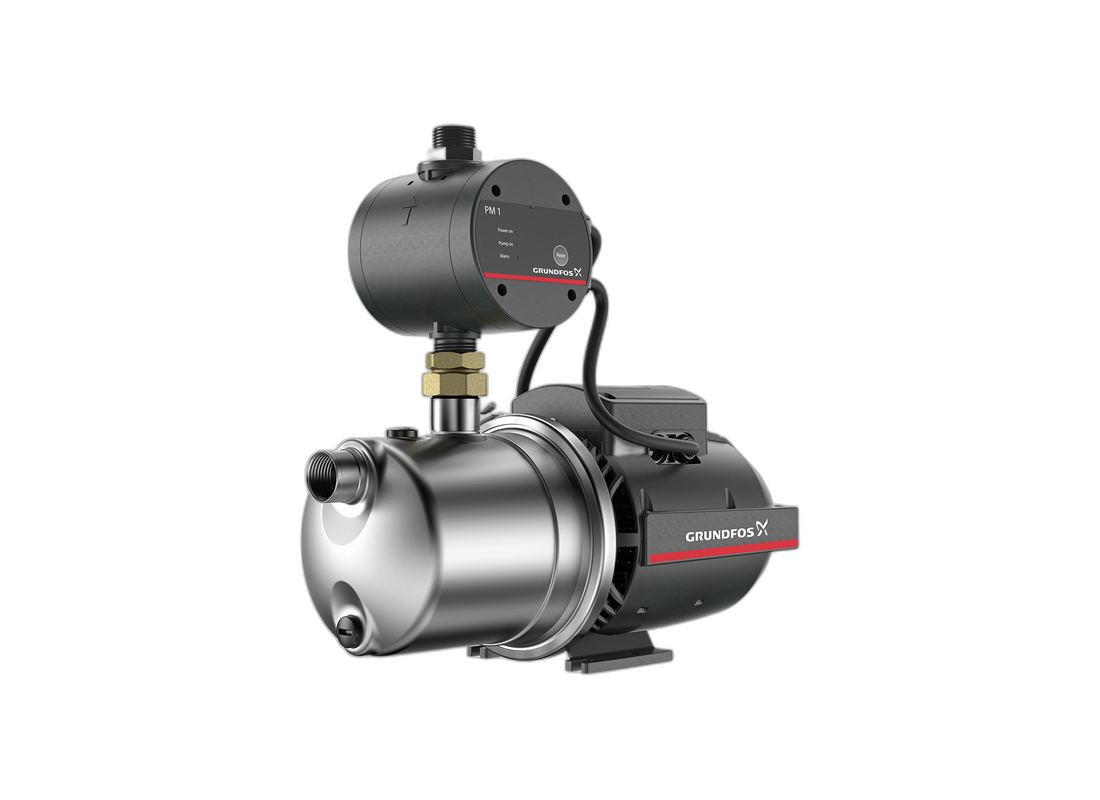 Grundfos JP 4-54 stainless steel self-priming jet pump for tank filling with single impeller and PM1 controller, used for pressure applications.