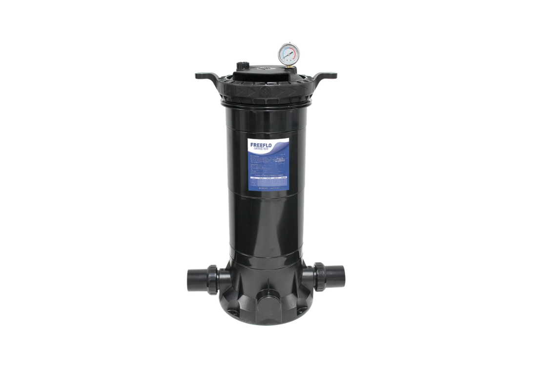 Onga FreeFlo 150 cartridge filter for high flow pool systems with UV-resistant housing, showing the filter unit with visible cartridge.