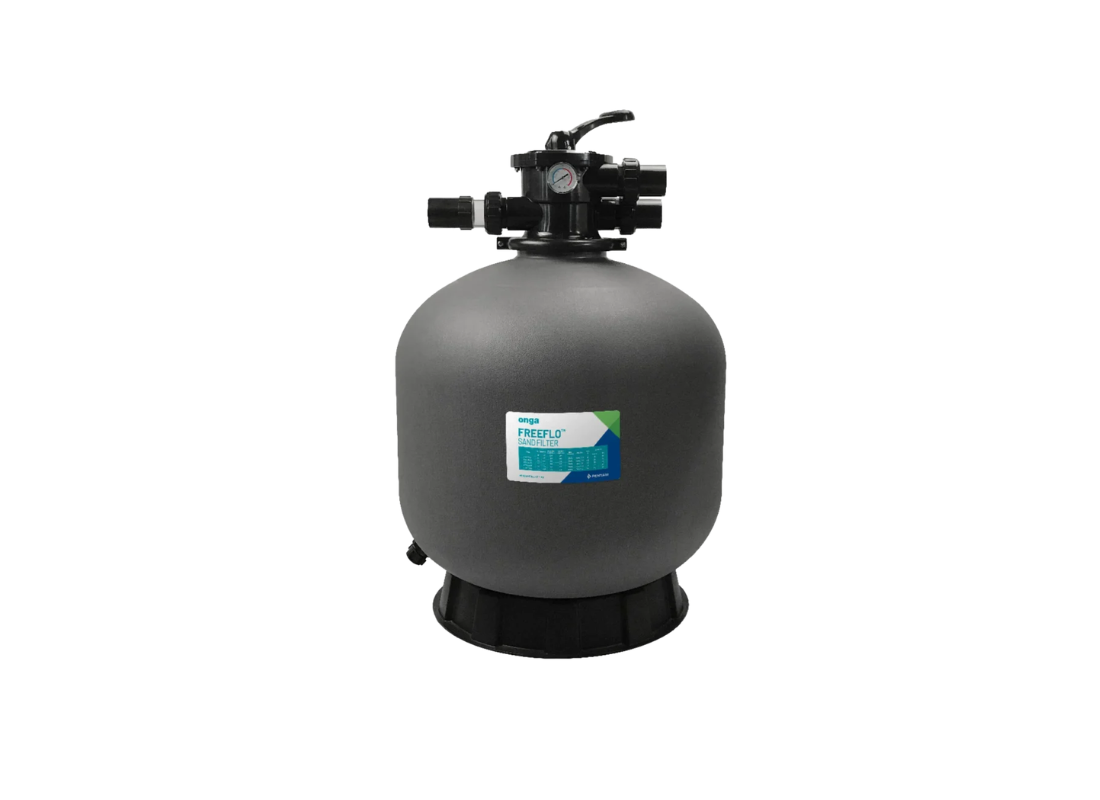 Onga FreeFlo 28-inch fiberglass sand filter for large pool systems with rotating thermoplastic clamp, showing the filter and clamp details.